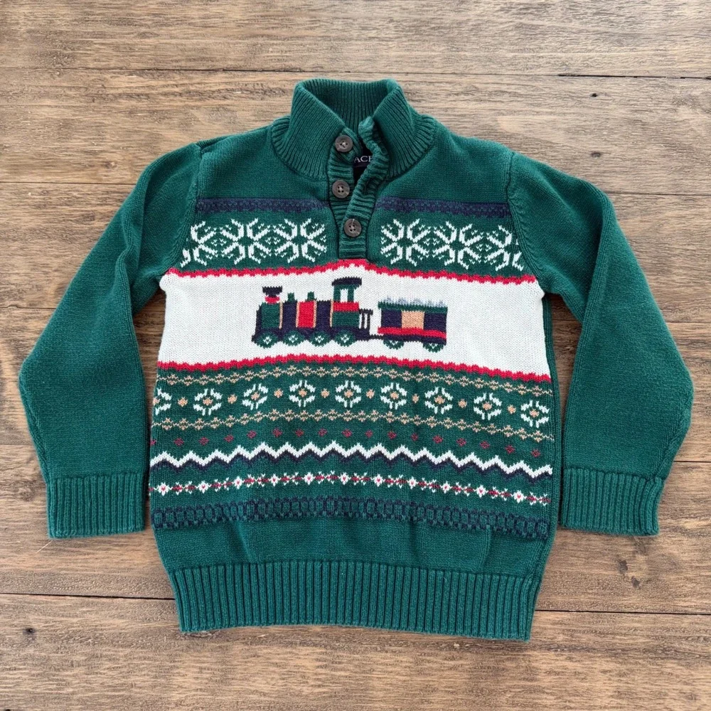 The Children's Place Boys 4T Green Train Fair Isle Button Mock Neck Sweater